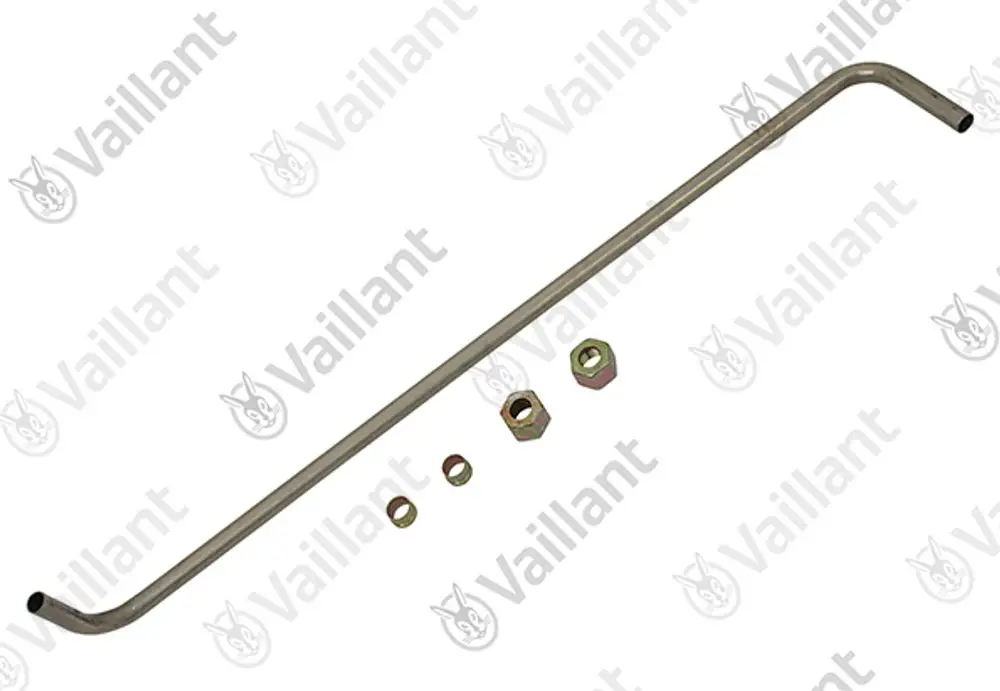 Vaillant Rohrleitung in gebogener Form mit dazugehörigen Muttern und Unterlegscheiben, auf hellem Hintergrund abgebildet.